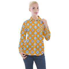 Modern Blue Flowers  On Orange Women s Long Sleeve Pocket Shirt