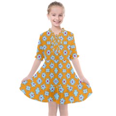 Modern Blue Flowers  On Orange Kids  All Frills Chiffon Dress