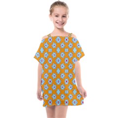 Modern Blue Flowers  On Orange Kids  One Piece Chiffon Dress