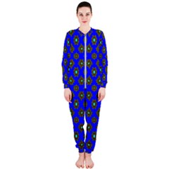 Modern Brown Flowers On Blue Onepiece Jumpsuit (ladies)  by BrightVibesDesign