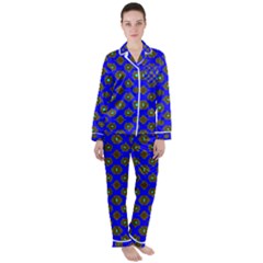 Modern Brown Flowers On Blue Satin Long Sleeve Pyjamas Set