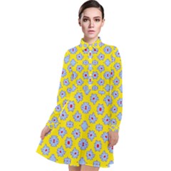 Modern Blue Flowers  On Yellow Long Sleeve Chiffon Shirt Dress