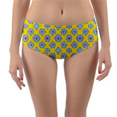 Modern Blue Flowers  On Yellow Reversible Mid-waist Bikini Bottoms by BrightVibesDesign