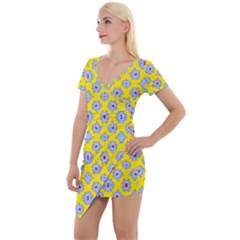 Modern Blue Flowers  On Yellow Short Sleeve Asymmetric Mini Dress by BrightVibesDesign