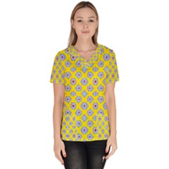 Modern Blue Flowers  On Yellow Women s V-neck Scrub Top by BrightVibesDesign