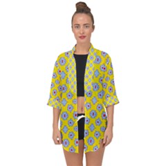 Modern Blue Flowers  On Yellow Open Front Chiffon Kimono by BrightVibesDesign