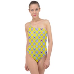 Modern Blue Flowers  On Yellow Classic One Shoulder Swimsuit by BrightVibesDesign