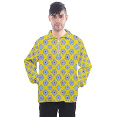 Modern Blue Flowers  On Yellow Men s Half Zip Pullover by BrightVibesDesign