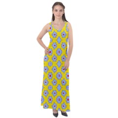 Modern Blue Flowers  On Yellow Sleeveless Velour Maxi Dress by BrightVibesDesign