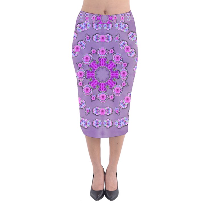 Beautiful Floral Wreaths And Flowers Around The Earth Velvet Midi Pencil Skirt