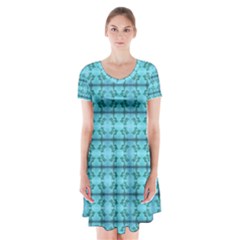 Cute Flowers Vines Pattern Pastel Turquoise Short Sleeve V-neck Flare Dress by BrightVibesDesign