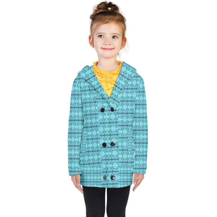 Cute Flowers Vines Pattern Pastel Turquoise Kids  Double Breasted Button Coat