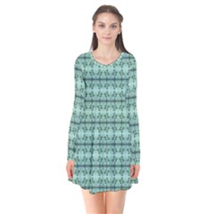 Cute Flowers Vines Pattern Pastel Green Long Sleeve V-neck Flare Dress by BrightVibesDesign