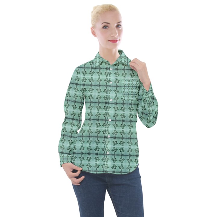 Cute Flowers Vines Pattern Pastel Green Women s Long Sleeve Pocket Shirt