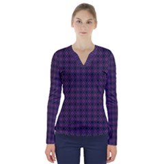 Argyle Dark Pink Black Pattern V-neck Long Sleeve Top by BrightVibesDesign