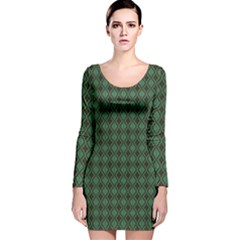 Argyle Dark Green Brown Pattern Long Sleeve Velvet Bodycon Dress by BrightVibesDesign