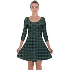 Argyle Dark Green Brown Pattern Quarter Sleeve Skater Dress by BrightVibesDesign