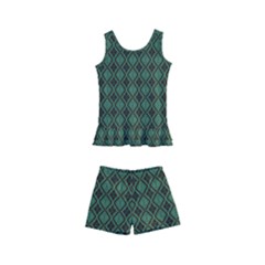 Argyle Dark Green Brown Pattern Kids  Boyleg Swimsuit by BrightVibesDesign