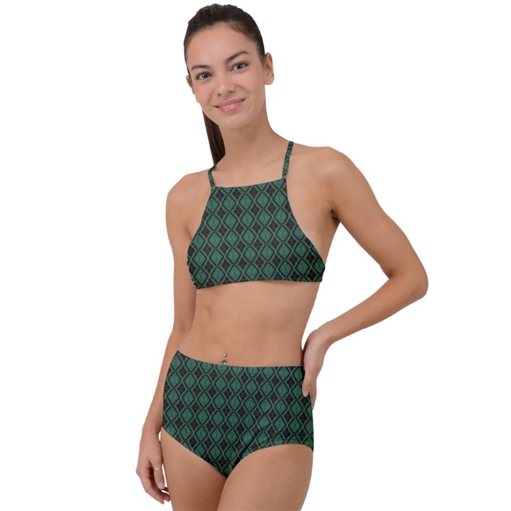 Argyle Dark Green Brown Pattern High Waist Tankini Set