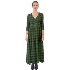 Argyle Dark Green Brown Pattern Button Up Boho Maxi Dress