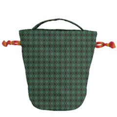 Argyle Dark Green Brown Pattern Drawstring Bucket Bag by BrightVibesDesign