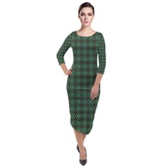 Argyle Dark Green Brown Pattern Quarter Sleeve Midi Velour Bodycon Dress by BrightVibesDesign