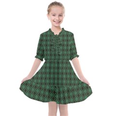 Argyle Dark Green Brown Pattern Kids  All Frills Chiffon Dress