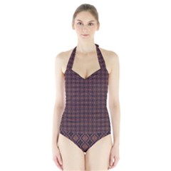 Argyle Dark Purple Yellow Pattern Halter Swimsuit by BrightVibesDesign