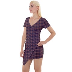 Argyle Dark Purple Yellow Pattern Short Sleeve Asymmetric Mini Dress by BrightVibesDesign