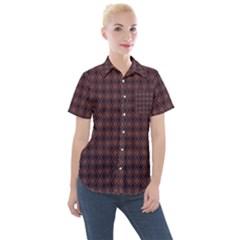 Argyle Dark Purple Yellow Pattern Women s Short Sleeve Pocket Shirt