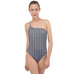 Ornate Oval Pattern Grey Black White Classic One Shoulder Swimsuit by BrightVibesDesign