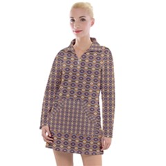 Ornate Oval Pattern Brown Blue Women s Long Sleeve Casual Dress by BrightVibesDesign