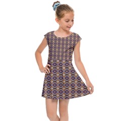 Ornate Oval Pattern Brown Blue Kids  Cap Sleeve Dress by BrightVibesDesign