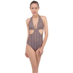 Ornate Oval Pattern Brown Blue Halter Front Plunge Swimsuit by BrightVibesDesign