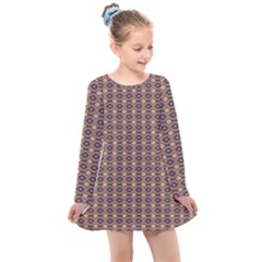 Ornate Oval Pattern Brown Blue Kids  Long Sleeve Dress by BrightVibesDesign