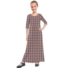 Ornate Oval Pattern Brown Blue Kids  Quarter Sleeve Maxi Dress by BrightVibesDesign