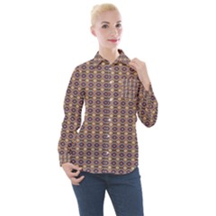 Ornate Oval Pattern Brown Blue Women s Long Sleeve Pocket Shirt