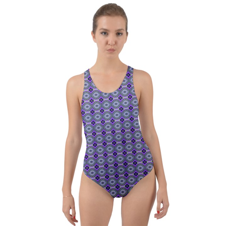 Ornate Oval Pattern Purple Green Cut-Out Back One Piece Swimsuit