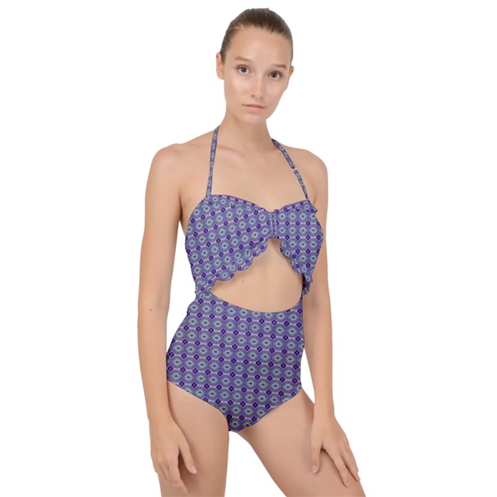 Ornate Oval Pattern Purple Green Scallop Top Cut Out Swimsuit