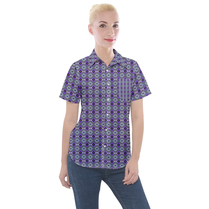 Ornate Oval Pattern Purple Green Women s Short Sleeve Pocket Shirt