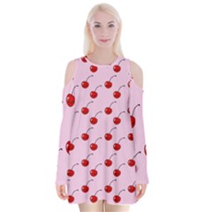 Kawaii Cherries Red Pattern Velvet Long Sleeve Shoulder Cutout Dress by snowwhitegirl