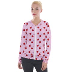 Kawaii Cherries Red Pattern Velour Zip Up Jacket