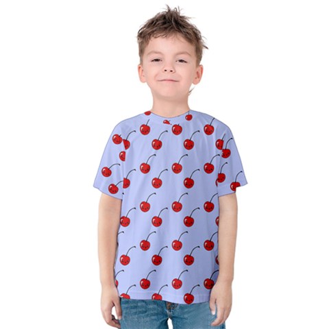 Kawaii Cherries Blue Pattern Kids  Cotton Tee by snowwhitegirl