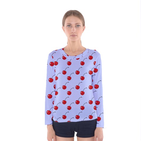 Kawaii Cherries Blue Pattern Women s Long Sleeve Tee by snowwhitegirl