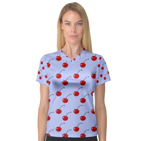 Kawaii Cherries Blue Pattern V-neck Sport Mesh Tee by snowwhitegirl