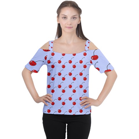 Kawaii Cherries Blue Pattern Cutout Shoulder Tee by snowwhitegirl