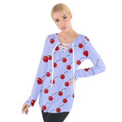 Kawaii Cherries Blue Pattern Tie Up Tee by snowwhitegirl