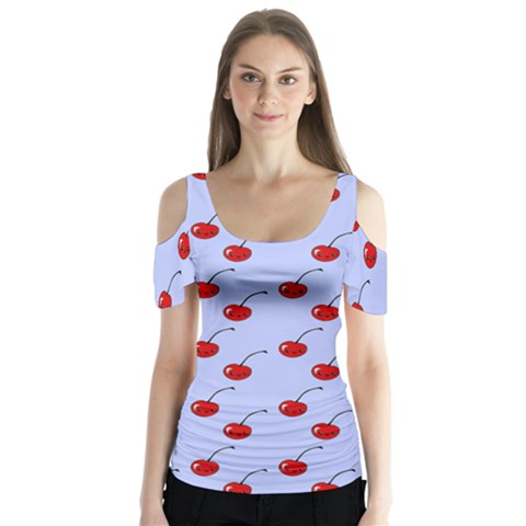 Kawaii Cherries Blue Pattern Butterfly Sleeve Cutout Tee  by snowwhitegirl