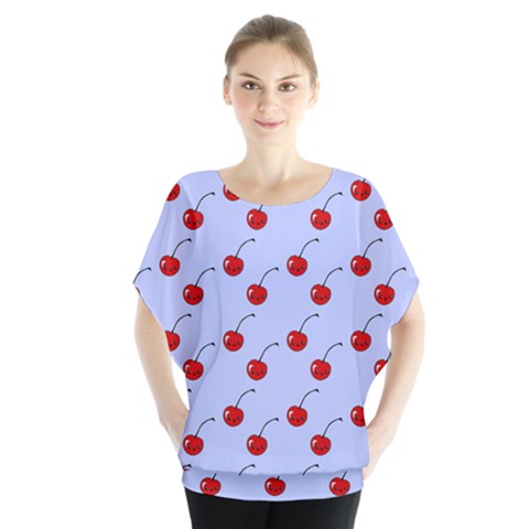 Kawaii Cherries Blue Pattern Batwing Chiffon Blouse by snowwhitegirl