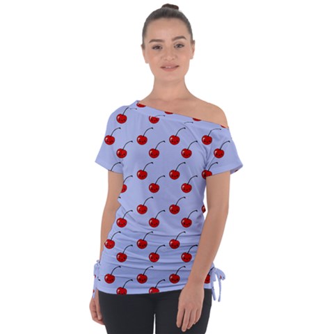 Kawaii Cherries Blue Pattern Tie-up Tee by snowwhitegirl